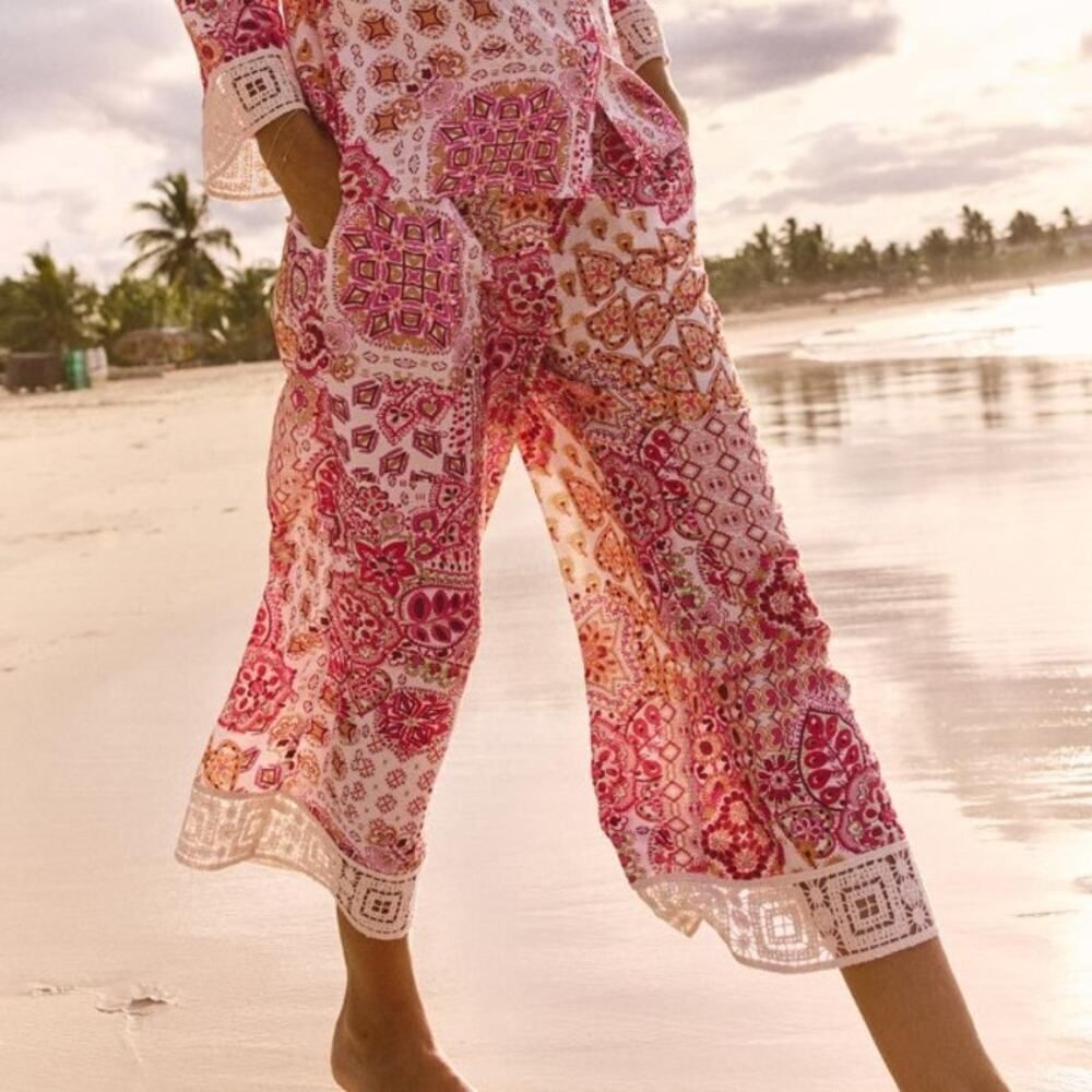 Zara GUIPURE TRIM PRINTED PANTS NWT Sz. M